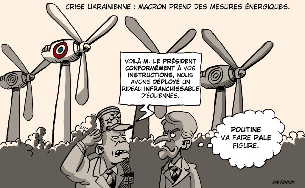 dessin presse humour crise ukrainienne Emmanuel Macron image drôle ligne Maginot éoliennes