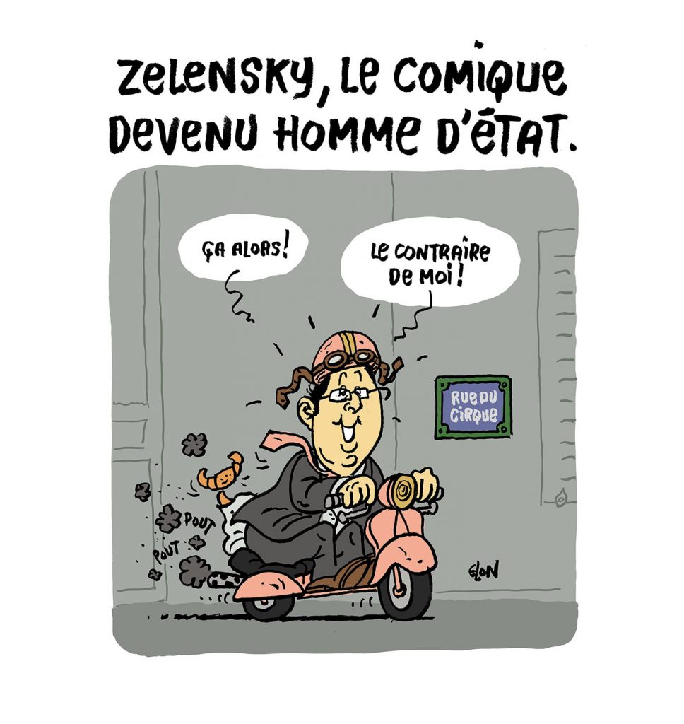 dessin presse humour Ukraine Volodymyr Zelensky homme d’État image drôle François Hollande comique
