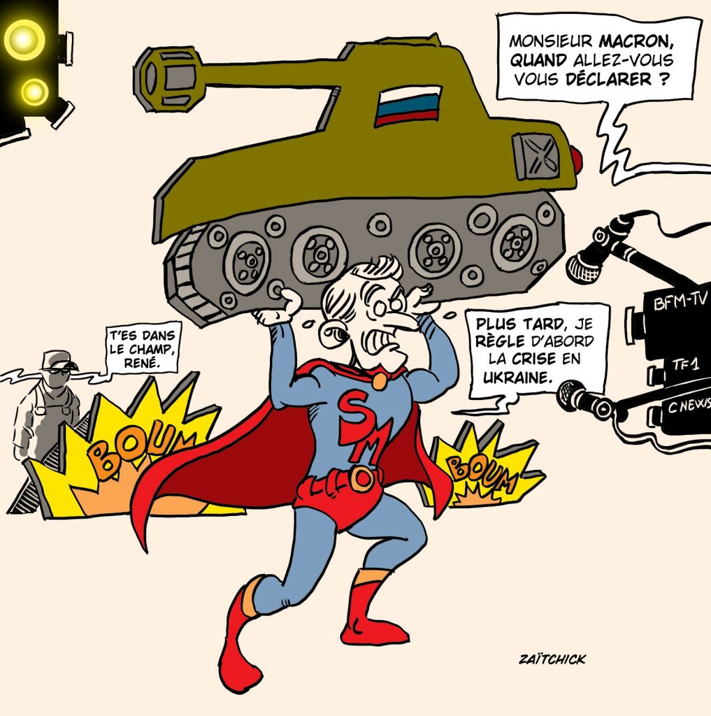 dessin presse humour crise Ukrainienne super-héros image drôle candidature Emmanuel Macron