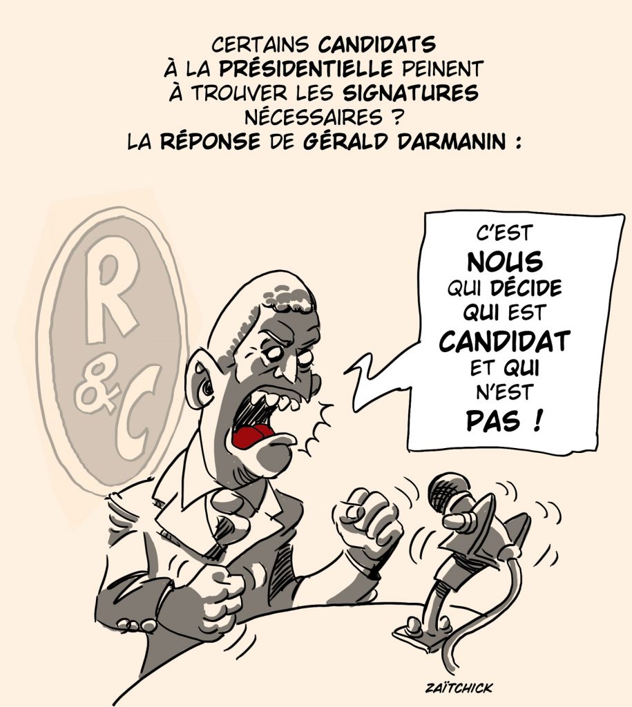 dessin presse humour présidentielle 2022 signatures candidats image drôle Gérald Darmanin