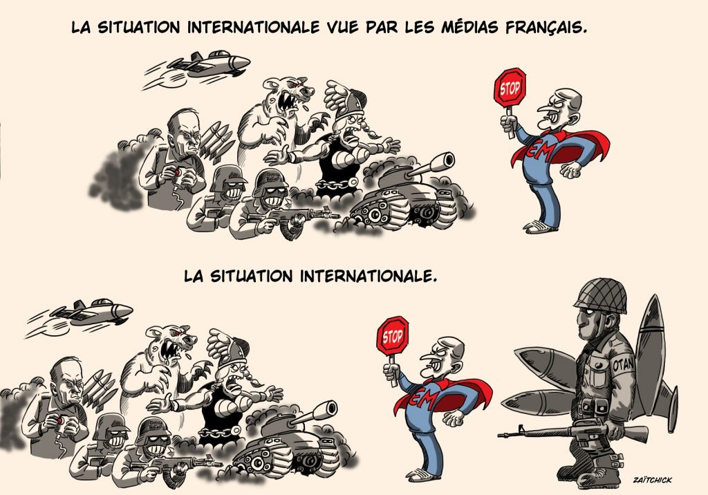 dessin presse humour guerre Ukraine Russie image drôle Emmanuel Macron propagande OTAN
