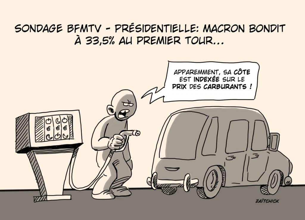 dessin presse humour présidentielle 2022 Emmanuel Macron image drôle sondage BFMTV prix carburants