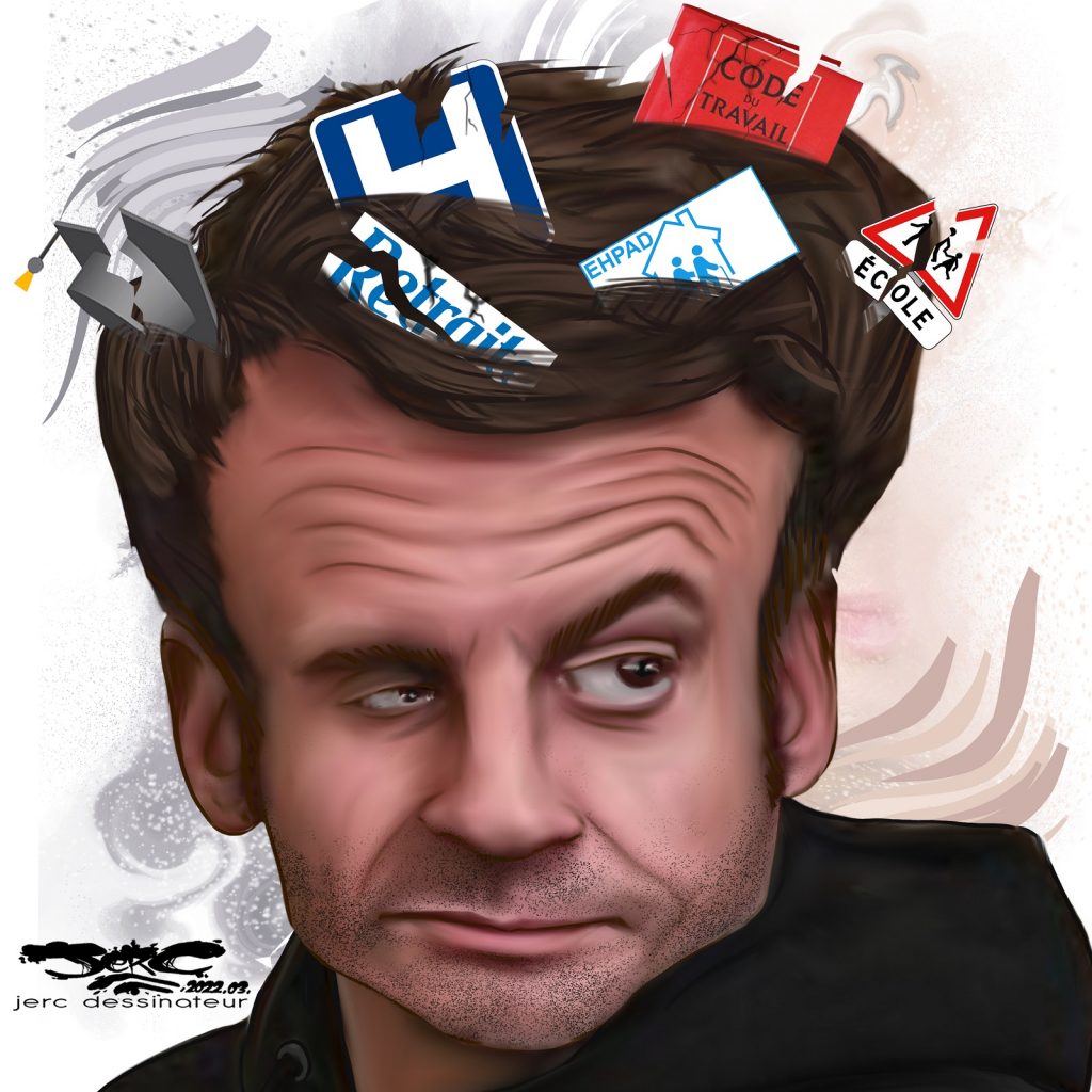 dessin presse humour Présidentielle 2022 Emmanuel Macron image drôle programme projet