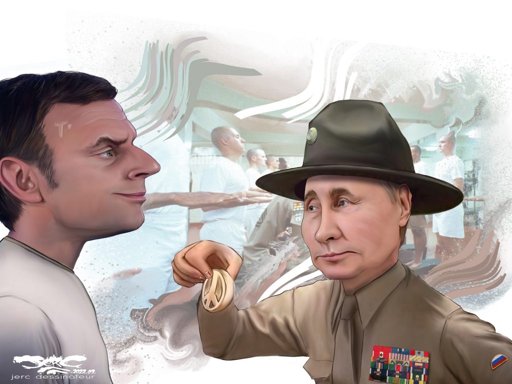 dessin presse humour Russie guerre Ukraine Vladimir Poutine image drôle négociations Emmanuel Macron