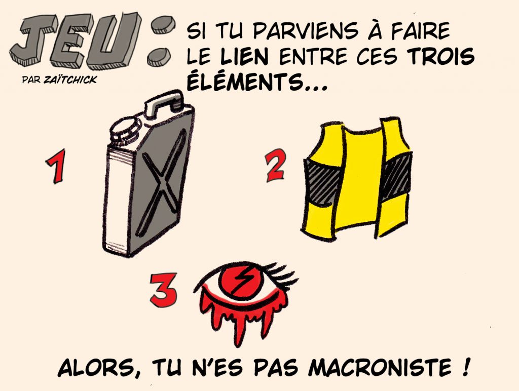 dessin presse humour Emmanuel Macron gilets jaunes image drôle prix essence violences policières