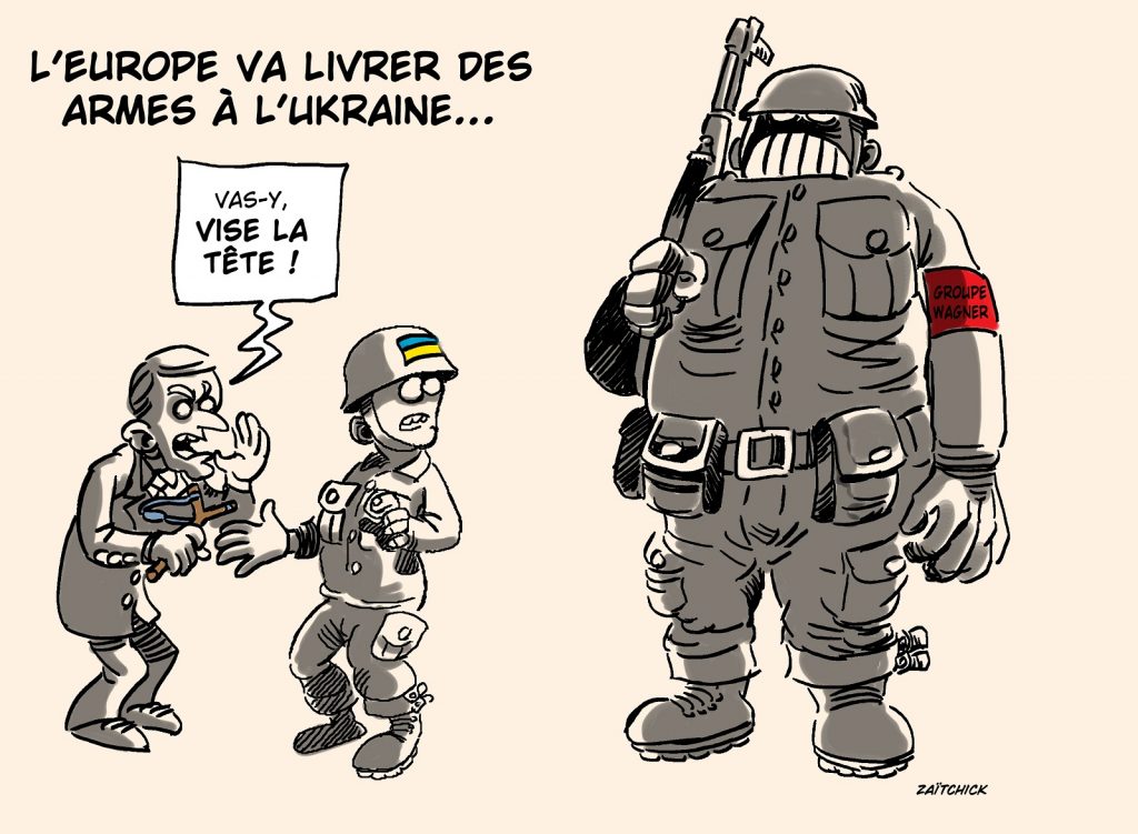 dessin presse humour Emmanuel Macron guerre Ukraine image drôle Europe livraison armes