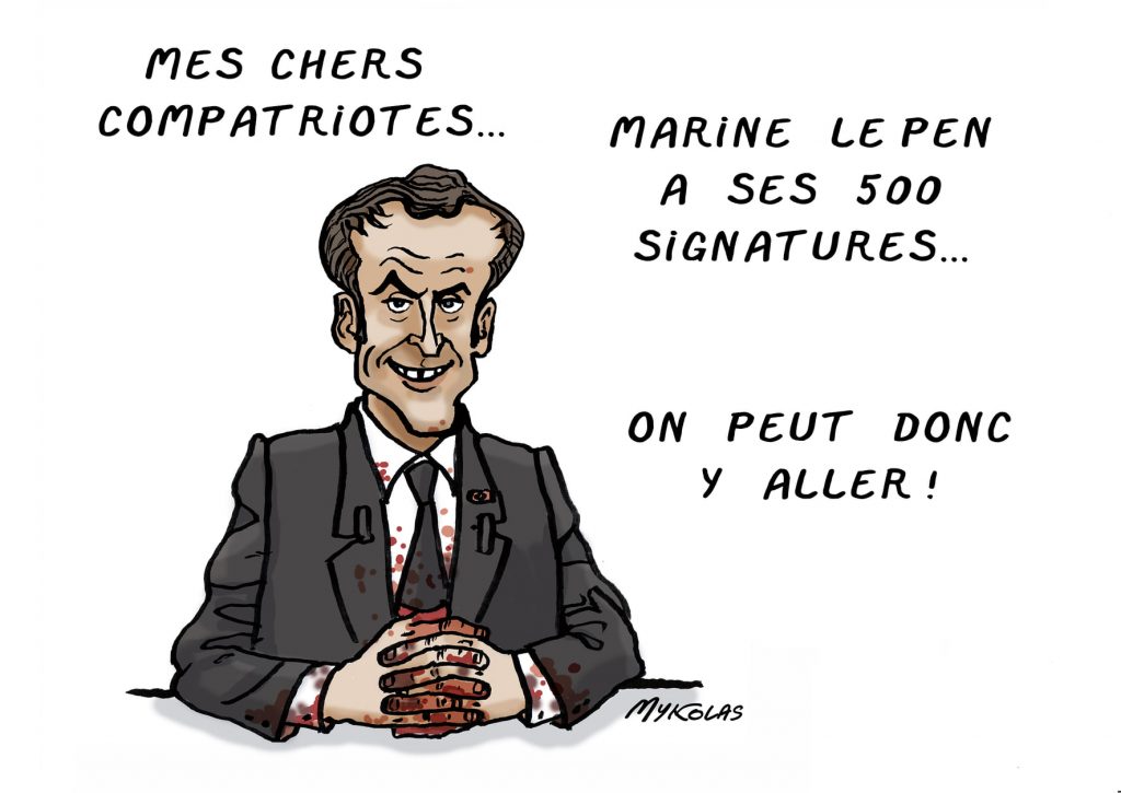 dessin presse humour Emmanuel Macron candidature image drôle candidature présidentielle 2022 Marine Le Pen