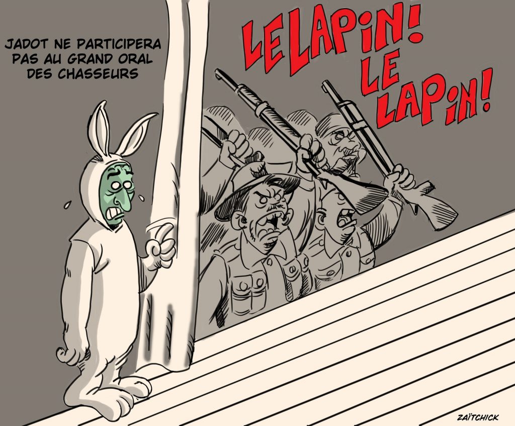 dessin presse humour présidentielle 2022 Yannick Jadot image drôle grand oral chasseurs