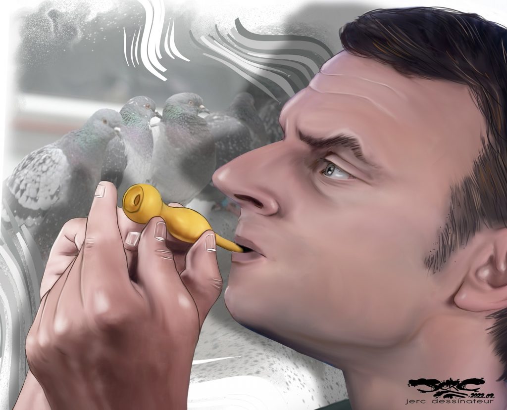 dessin presse humour Présidentielle 2022 Emmanuel Macron image drôle programme appeau pipeau pigeons