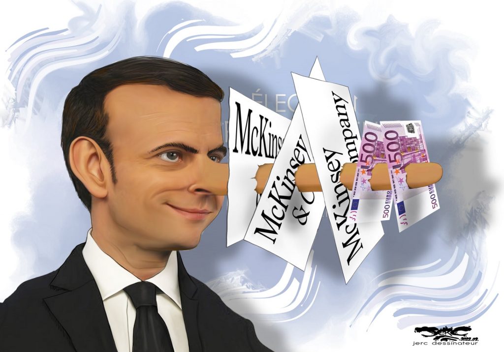 dessin presse humour Présidentielle 2022 Emmanuel Macron image drôle cabinet conseil McKinsey