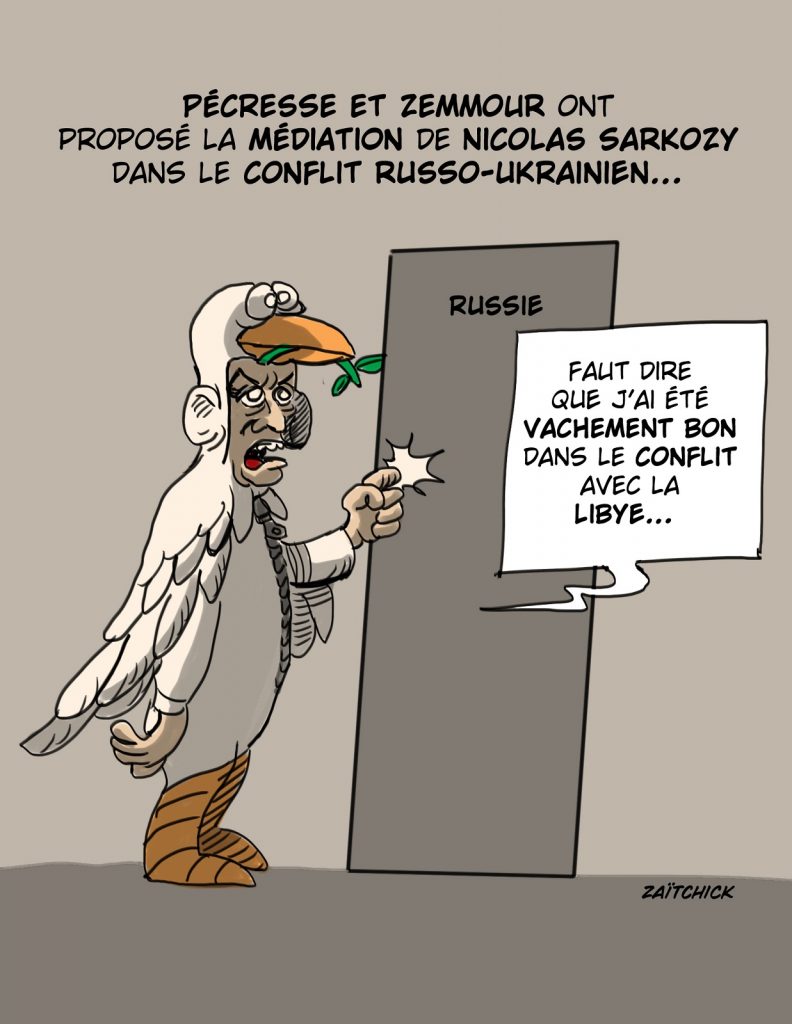 dessin presse humour guerre Russe Ukraine image drôle médiation Nicolas Sarkozy