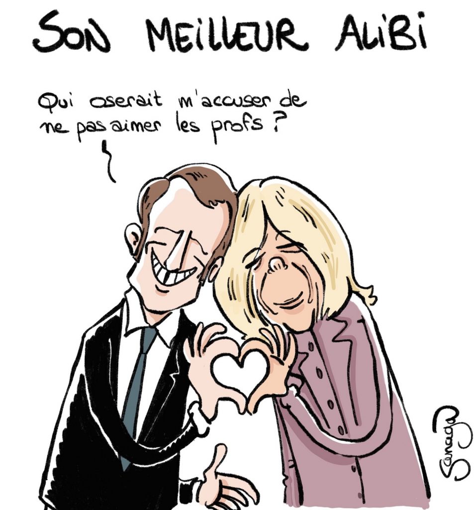 dessin presse humour Emmanuel Macron présidentielle 2022 image drôle Brigitte Macron amour professeurs
