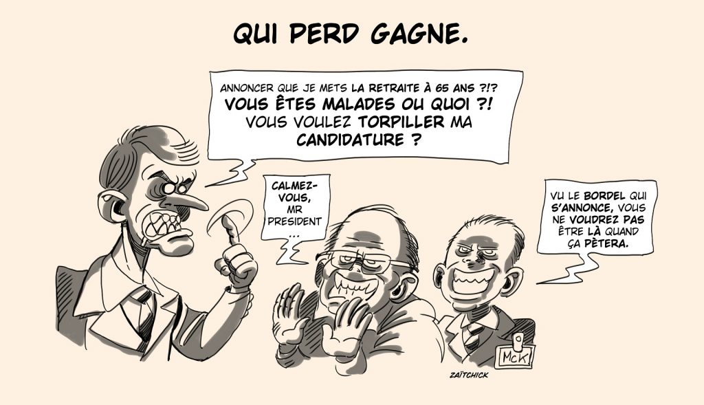 dessin presse humour présidentielle 2022 programme Emmanuel Macron image drôle retraite 65 ans