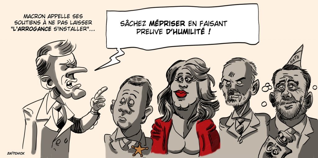 dessin presse humour présidentielle 2022 Emmanuel Macron image drôle arrogance mépris humilité