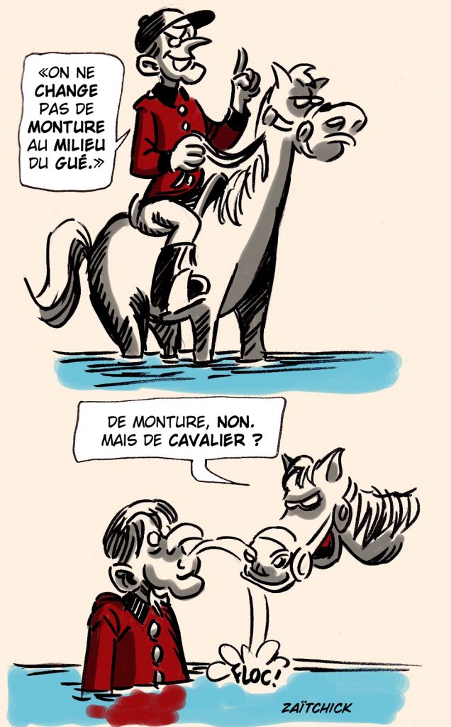 dessin presse humour Présidentielle 2022 image drôle Emmanuel Macron cavalier cheval