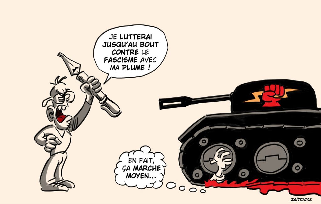 dessin presse humour guerre Ukraine image drôle antifascisme intellectuels français posture
