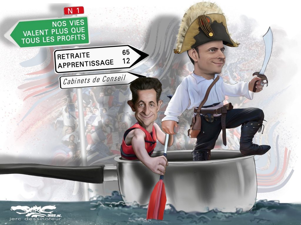 dessin presse humour Présidentielle 2022 Emmanuel Macron Nicolas Sarkozy image drôle cabinet conseil McKinsey retraite apprentissage