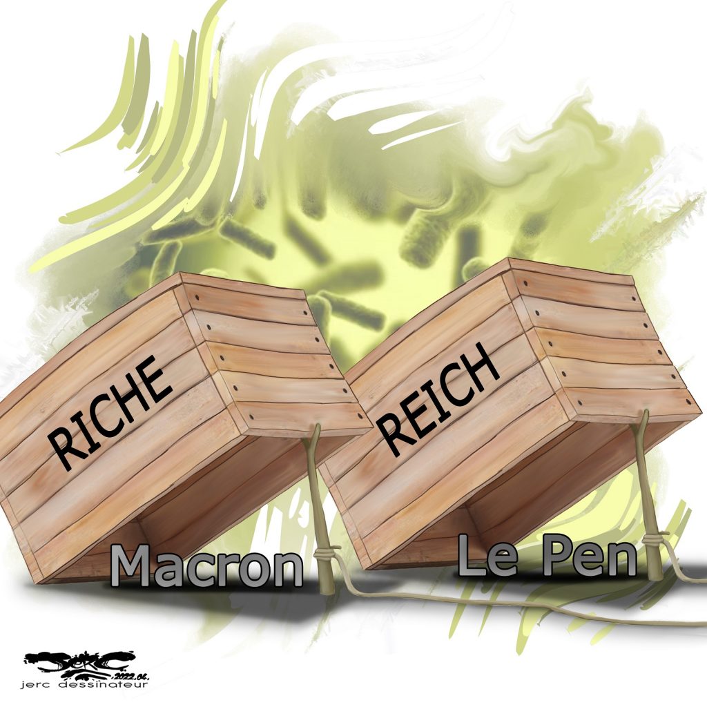 dessin presse humour Présidentielle 2022 second tour Marine Le Pen Emmanuel Macron image drôle élection piège con