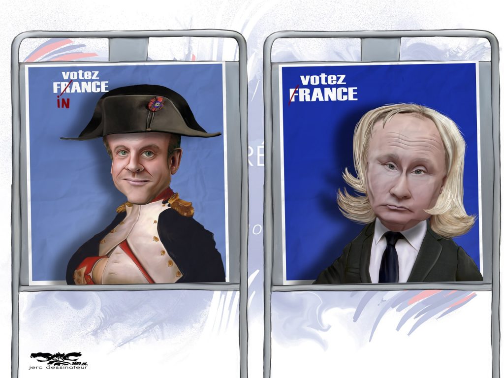 dessin presse humour Présidentielle 2022 second tour Marine Le Pen Emmanuel Macron image drôle finance McKinsey rance Vladimir Poutine