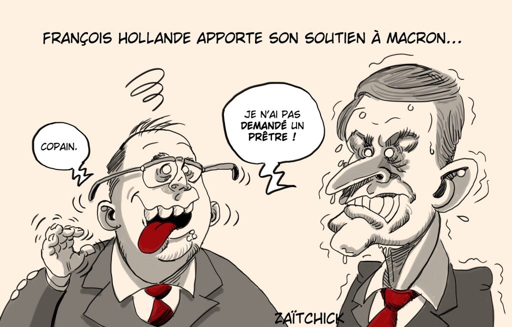 dessin presse humour présidentielle 2022 deuxième tour image drôle François Hollande soutien Emmanuel Macron