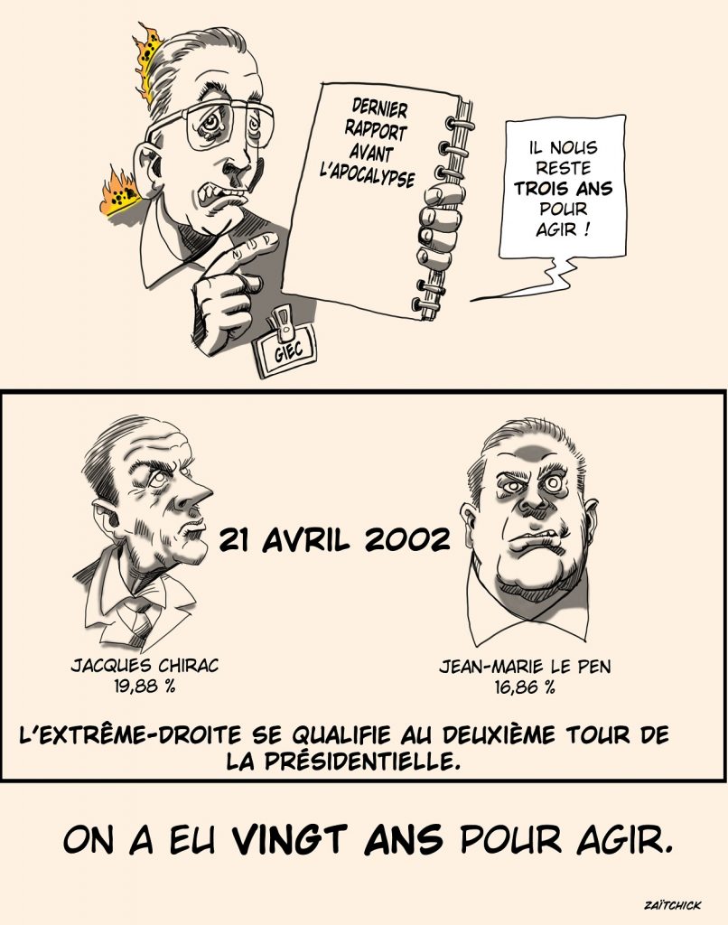 dessin presse humour présidentielle 2022 rapport GIEC image drôle extrême-droite maison brûle