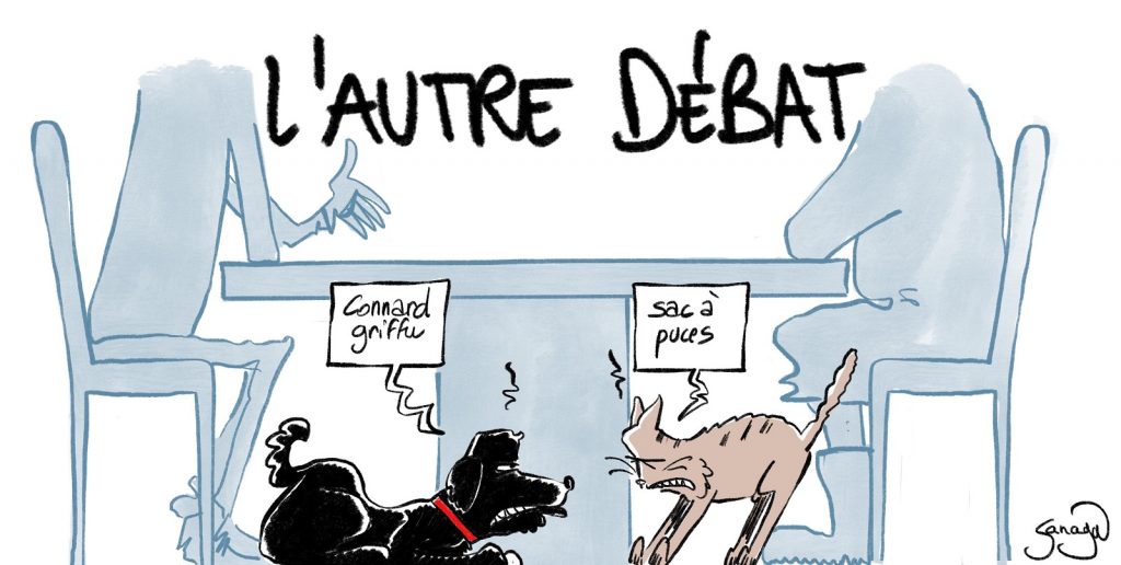 dessin presse humour présidentielle 2022 Emmanuel Macron image drôle Marine Le Pen débat entre-deux-tours chat chien