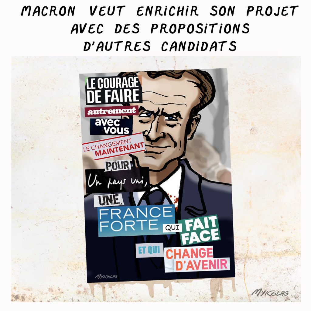 dessin presse humour présidentielle 2022 Emmanuel Macron image drôle enrichissement projet propositions candidats