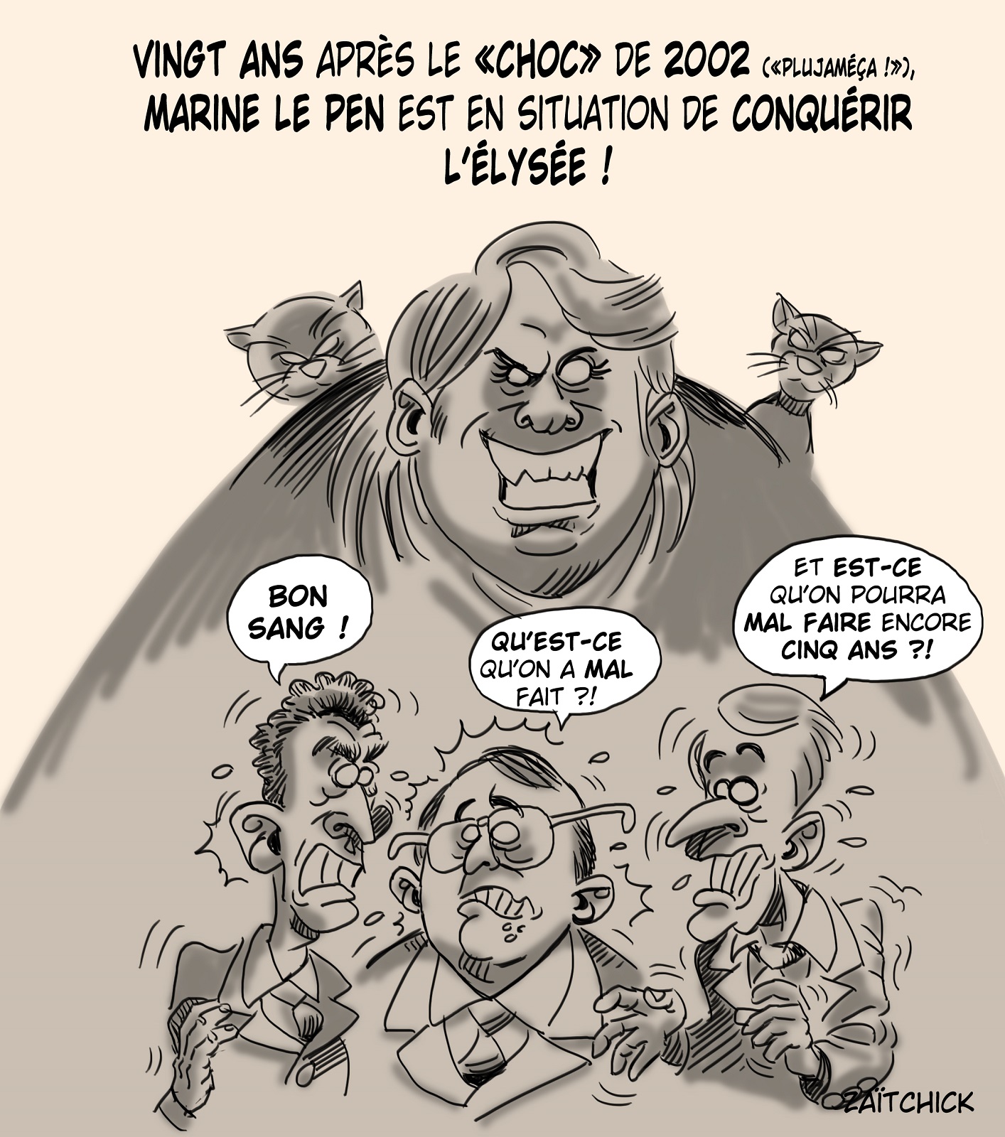 dessin presse humour présidentielle 2022 deuxième tour image drôle Marine Le Pen conquête Élysée