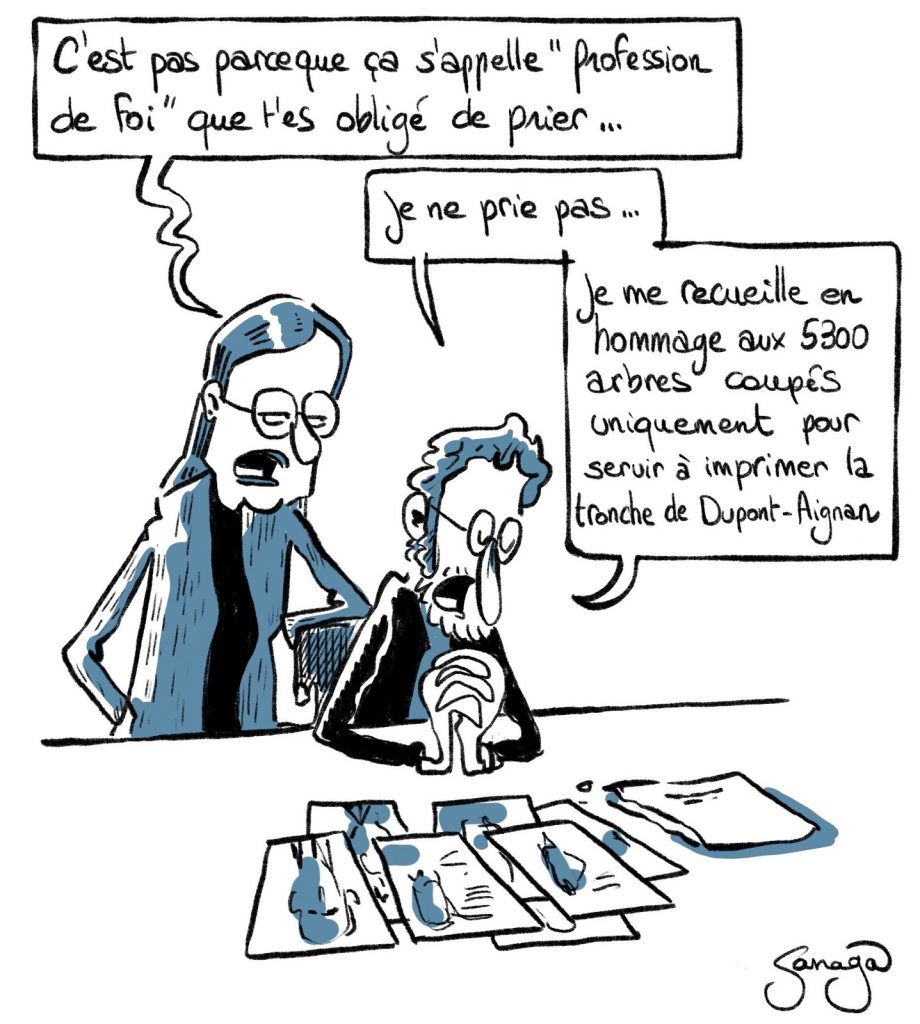 dessin presse humour présidentielle 2022 profession foi image drôle recueillement arbre Dupont-Aignan