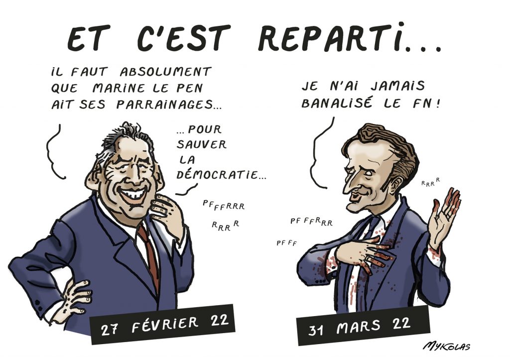 dessin presse humour Présidentielle 2022 François Bayrou parrainages image drôle Emmanuel Macron banalisation FN