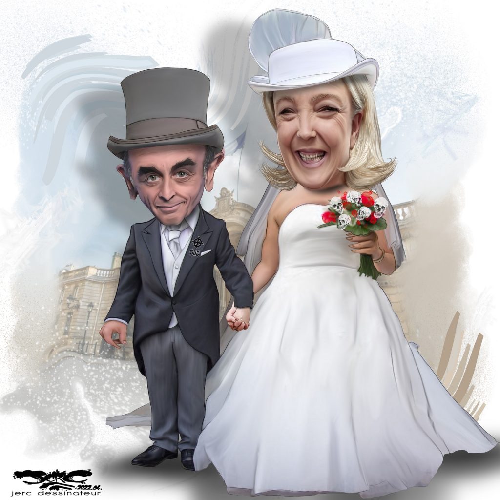 dessin presse humour Présidentielle 2022 Marine Le Pen Éric Zemmour image drôle deuxième tour ralliement mariage