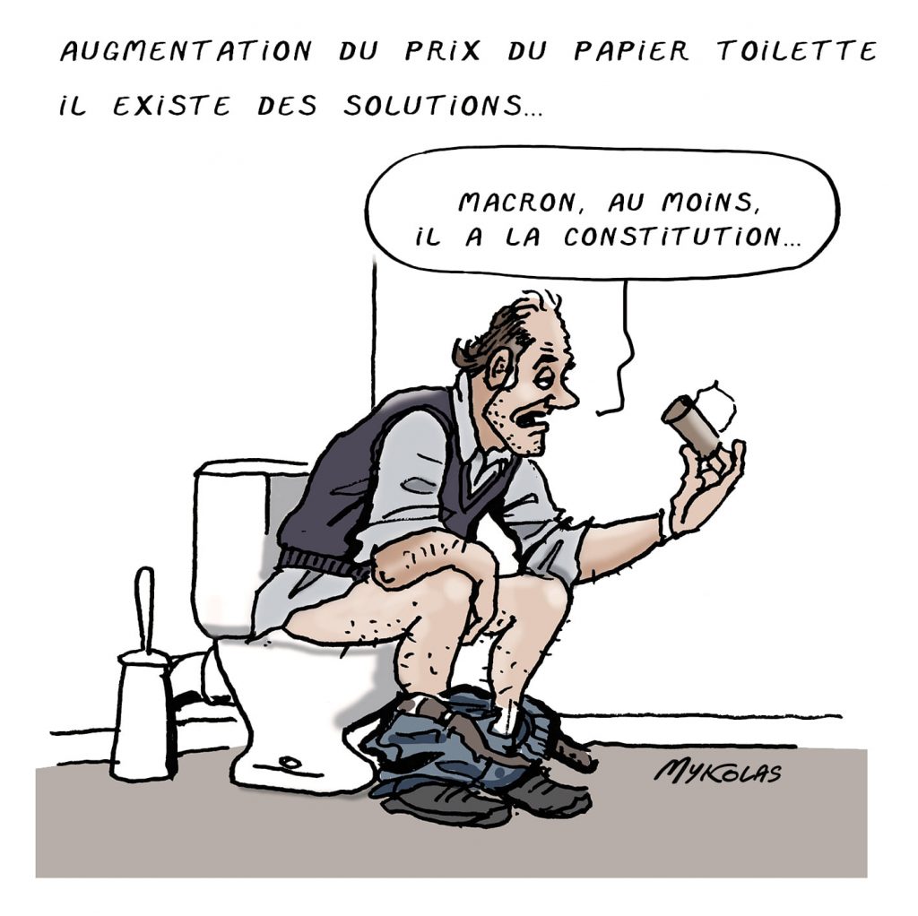 dessin presse humour augmentation prix papier toilette image drôle inflation solution Emmanuel Macron constitution