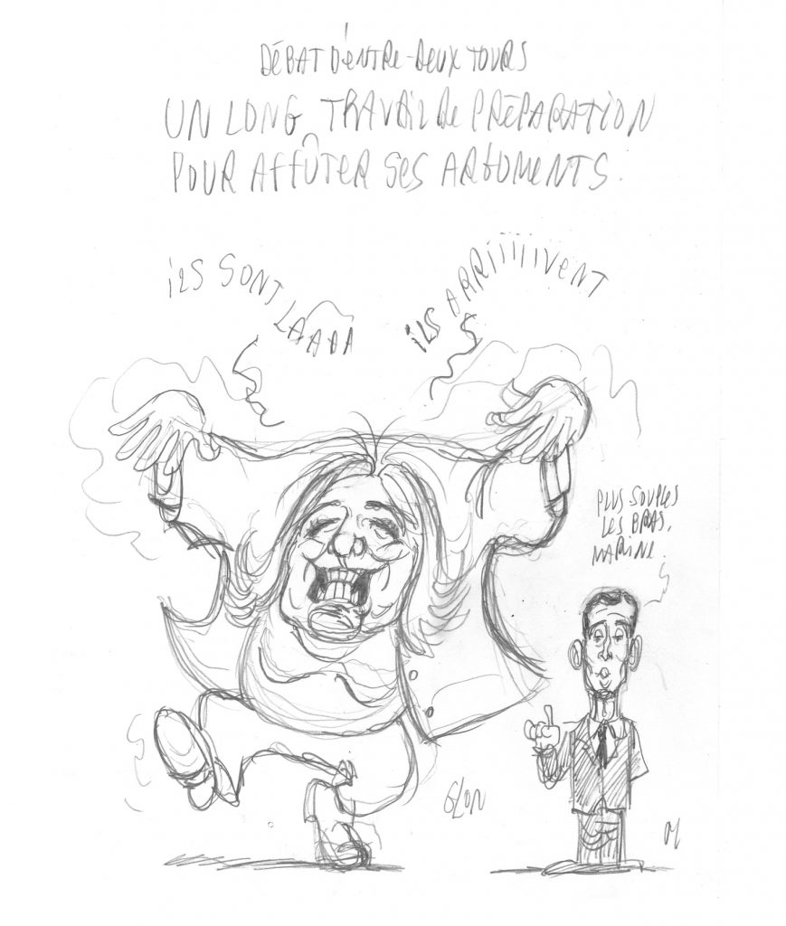 dessin presse humour présidentielle 2022 débat entre-deux tours image drôle préparation Marine Le Pen