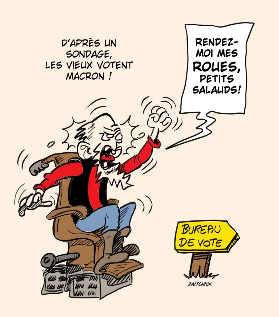 dessin presse humour présidentielle 2022 Emmanuel Macron image drôle sondages vieux seniors