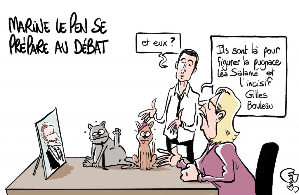 dessin presse humour présidentielle 2022 Emmanuel Macron image drôle Marine Le Pen préparation Débat