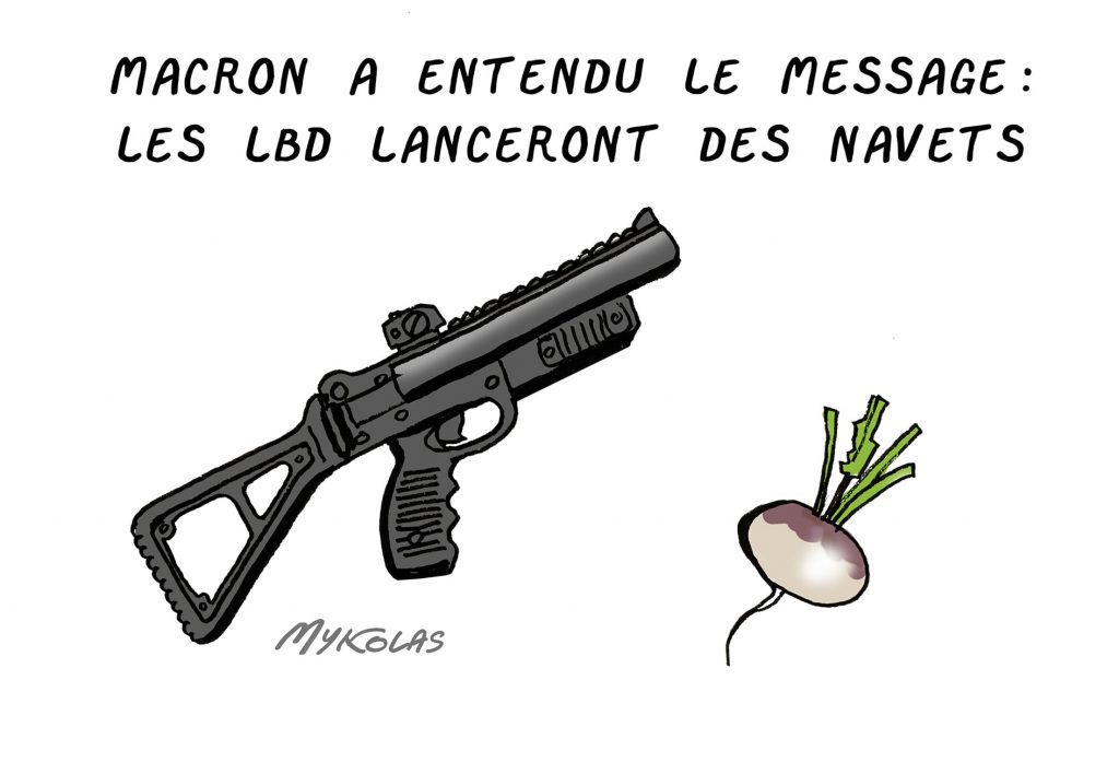 dessin presse humour présidentielle 2022 Emmanuel Macron image drôle LBD navets