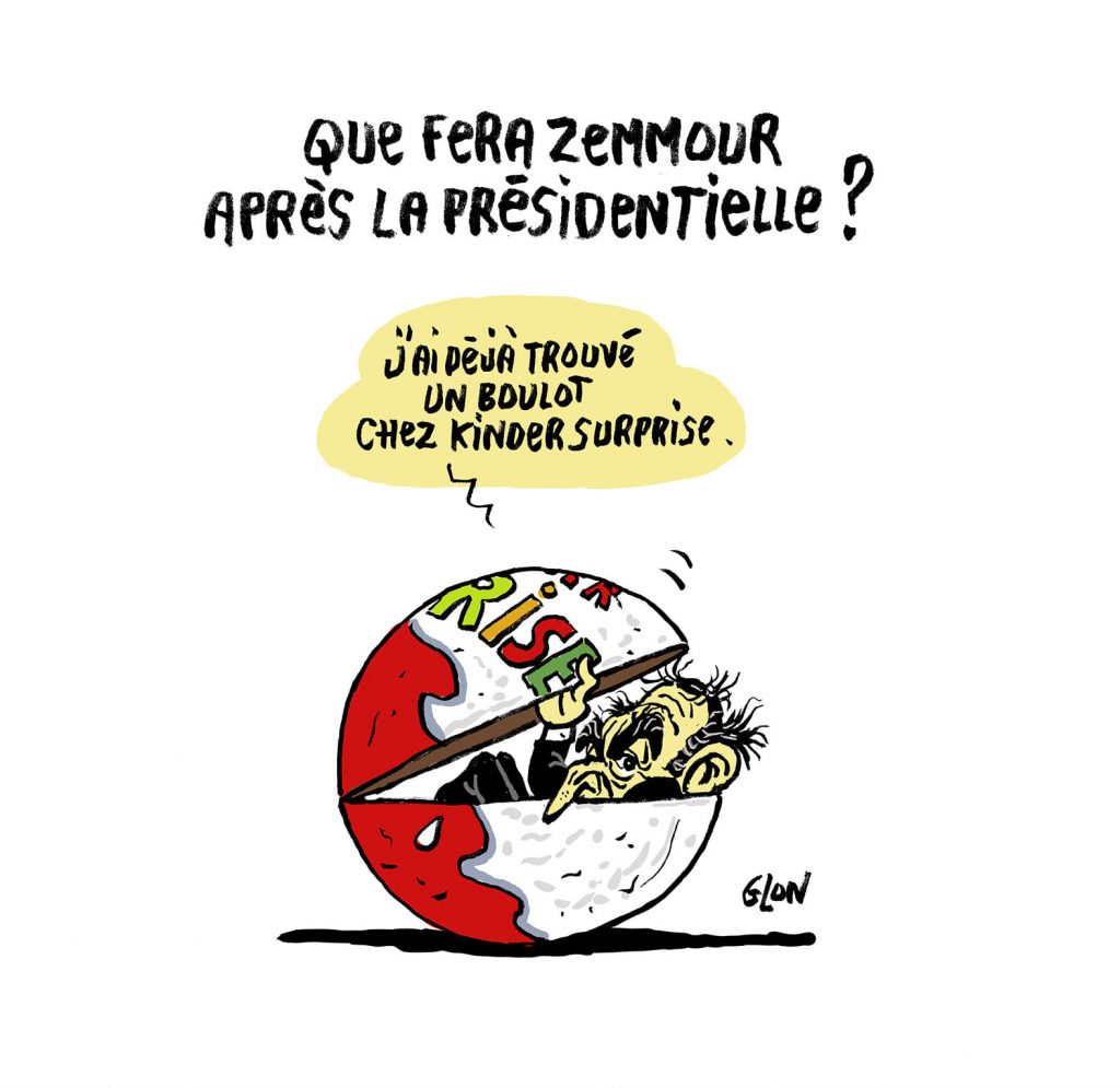 dessin presse humour Présidentielle 2022 Éric Zemmour image drôle Kinder Surprise salmonelle