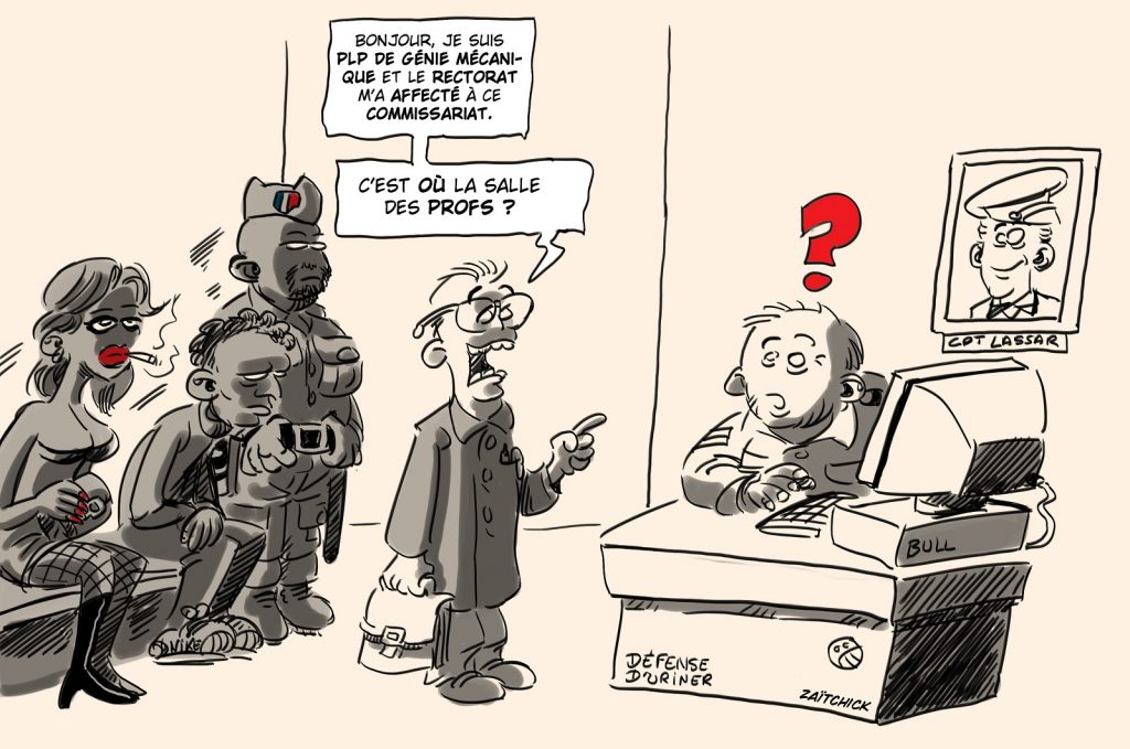 dessin presse humour Police Academy image drôle professeur enseignement professionnel mutation