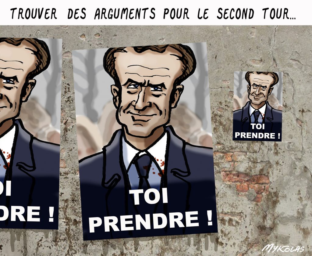 dessin presse humour présidentielle 2022 deuxième tour image drôle Emmanuel Macron arguments