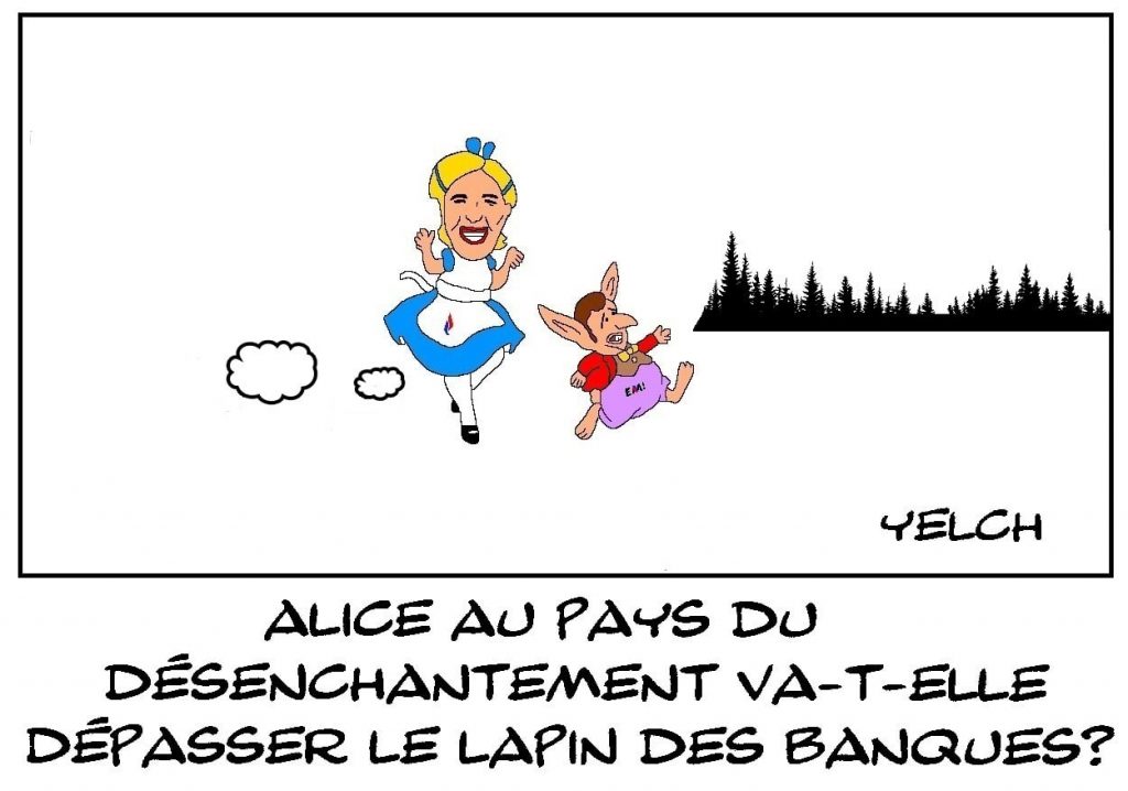 dessins humour présidentielle 2022 deuxième tour image drôle Emmanuel Macron Marine Le Pen Alice au Pays des Merveilles