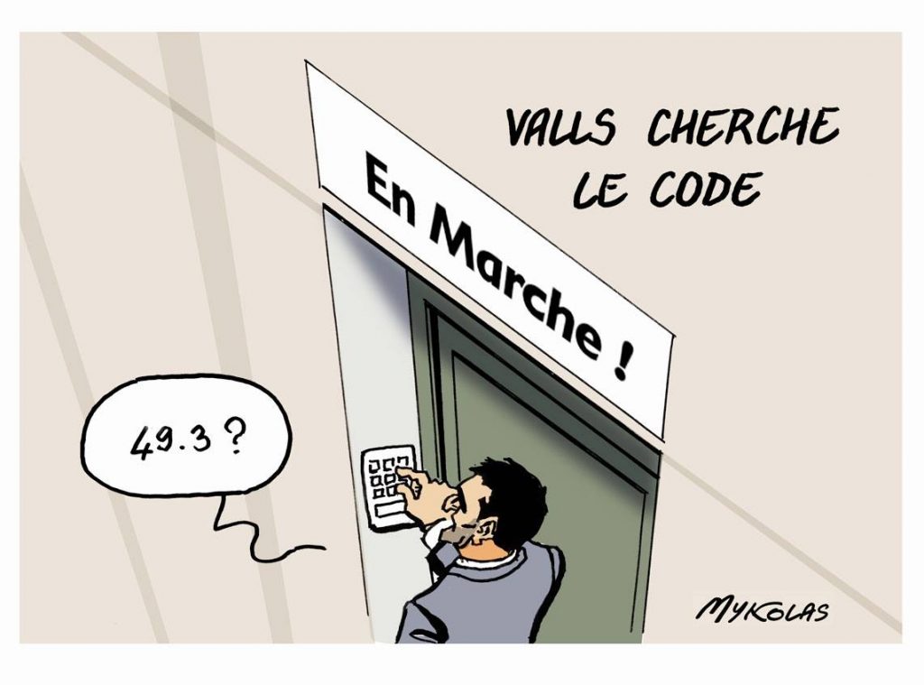 dessin presse humour réélection Emmanuel Macron image drôle Manuel Valls article 49.3 réforme des retraites