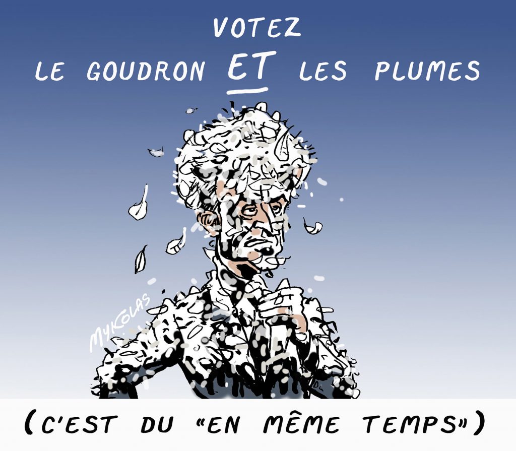 dessin presse humour présidentielle 2022 Emmanuel Macron image drôle vote goudron plumes