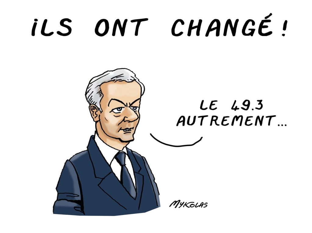 dessin presse humour réélection Emmanuel Macron image drôle Bruno Le Maire article 49.3 réforme des retraites