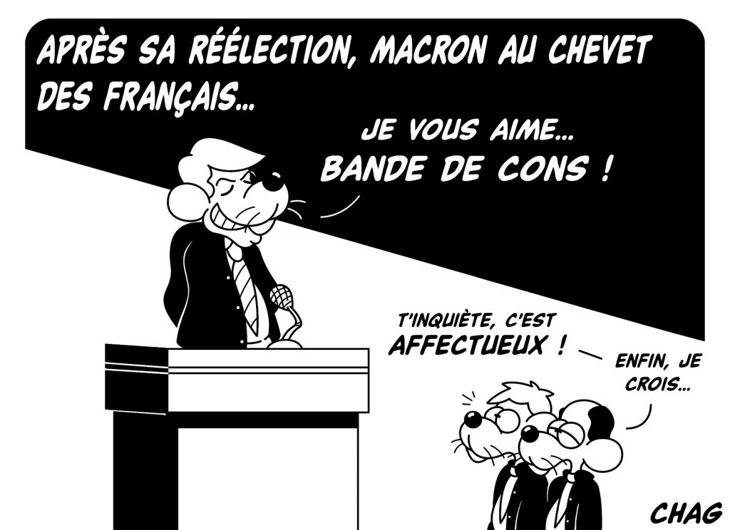 dessin humoristique réélection Emmanuel Macron image drôle chevet Français