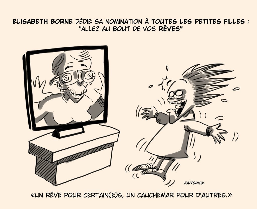 dessin presse humour première ministre Élisabeth Borne image drôle rêve petites filles