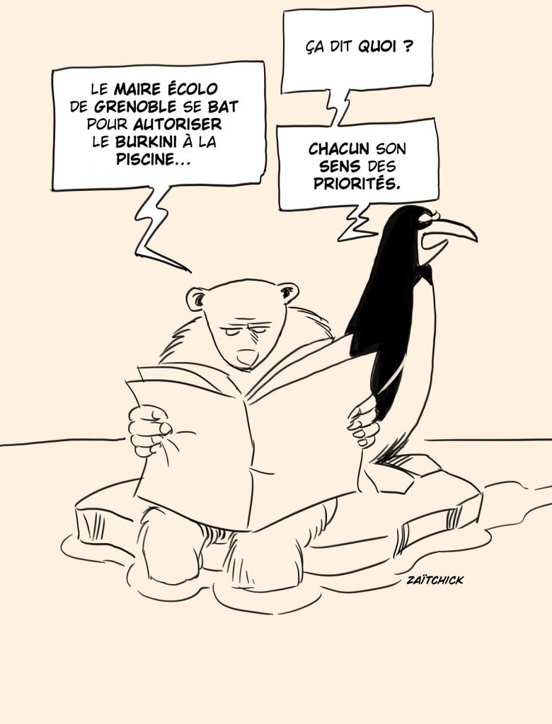 dessin presse humour Éric Piolle burkini Grenoble image drôle écologie réchauffement climatique