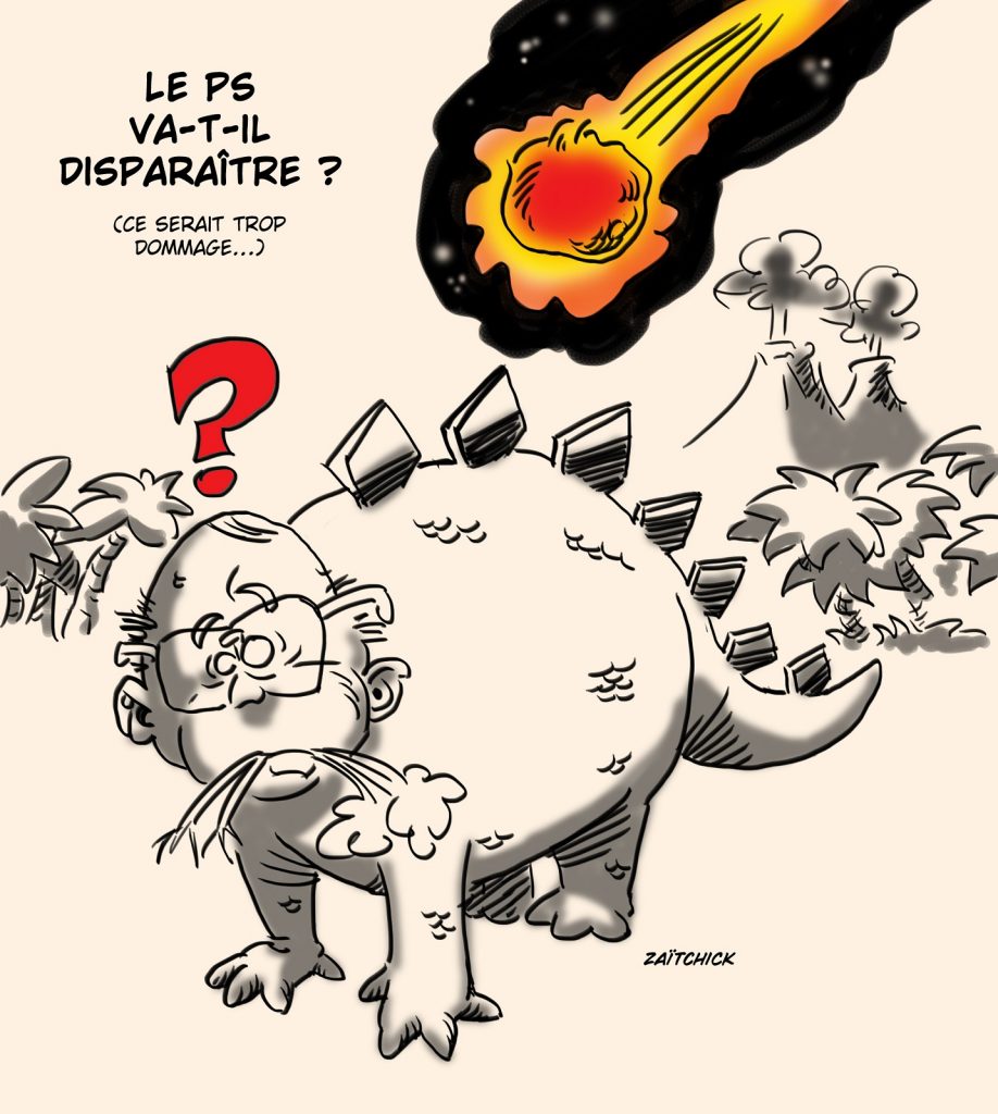 dessin presse humour disparition Parti Socialiste image drôle dinosaures François Hollande