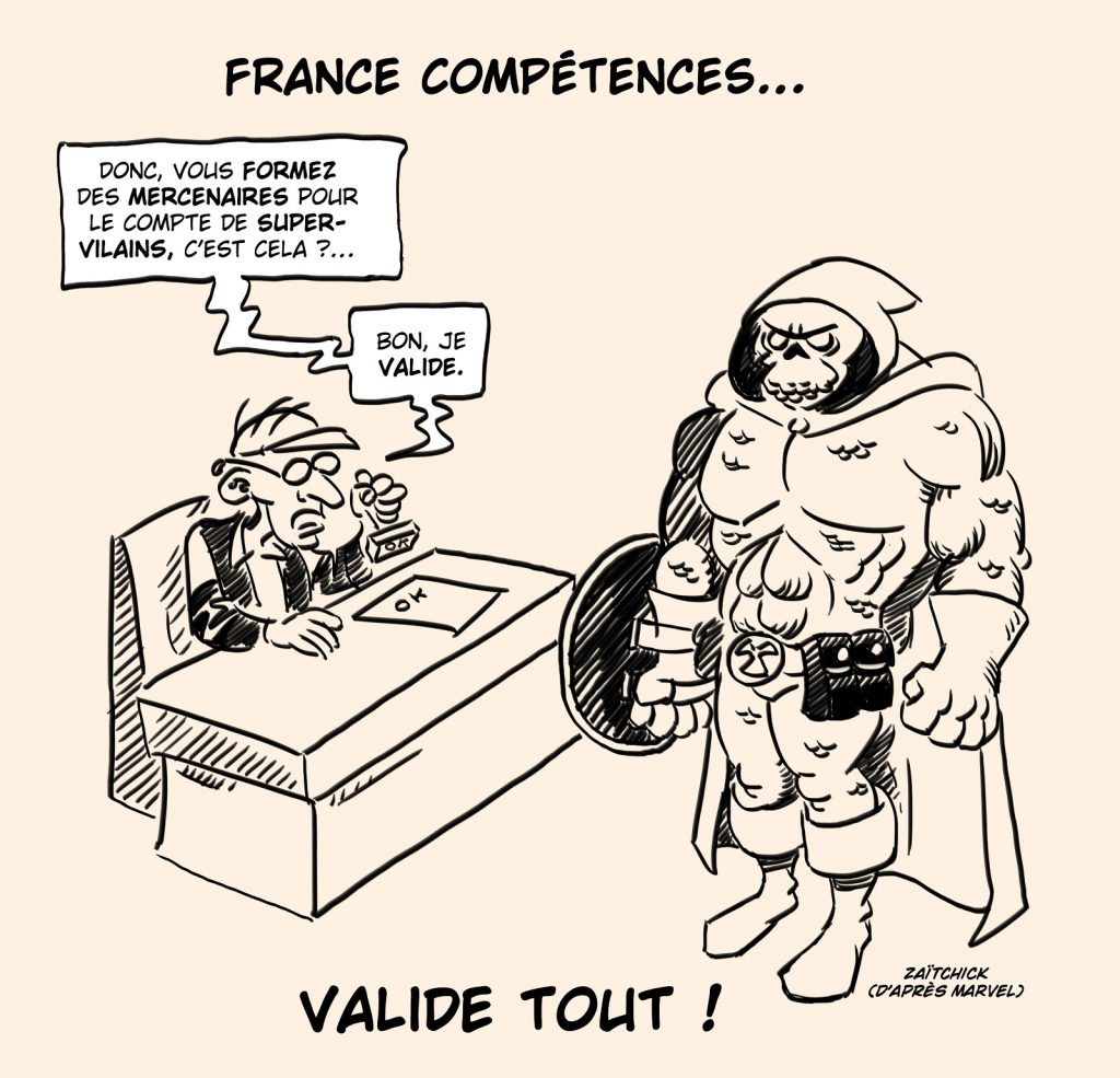 dessin presse humour Éducation Nationale enseignement professionnel image drôle France Compétences Marvel Taskmaster