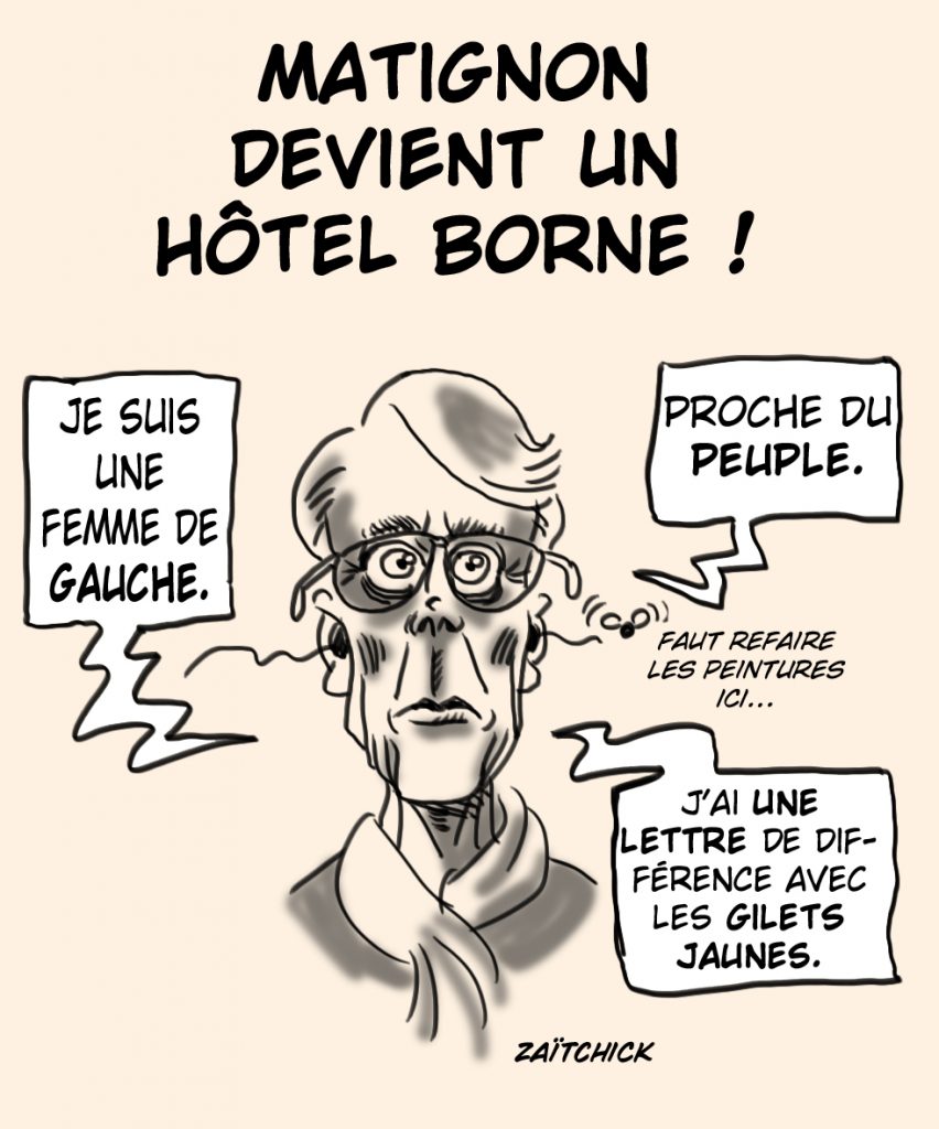 dessin presse humour première ministre Élisabeth Borne image drôle gilets jaunes borgnes