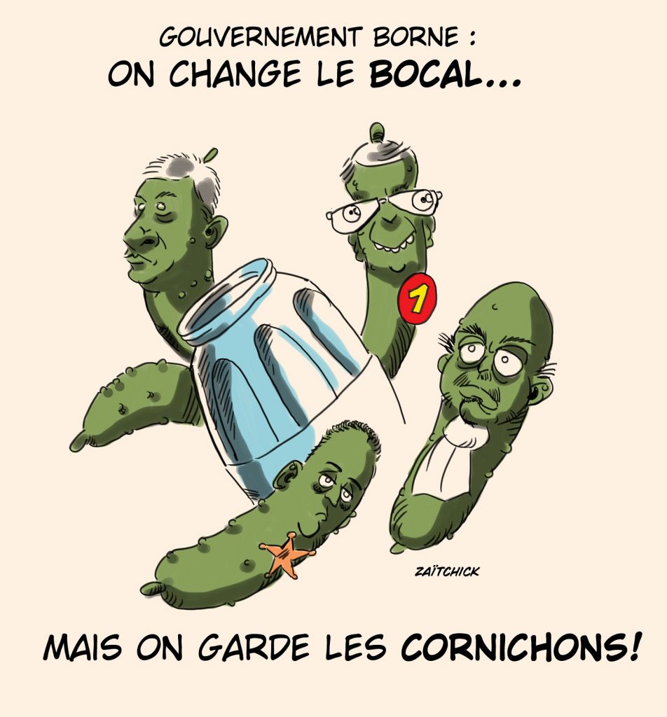 dessin presse humour gouvernement Borne image drôle bocal cornichons
